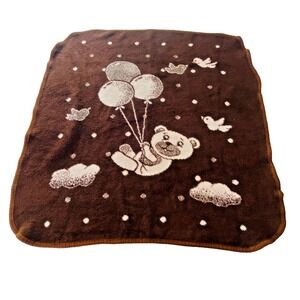 Vintage San Marcos Baby Throw Blanket Brown Teddy Bear Balloons Birds Reversible